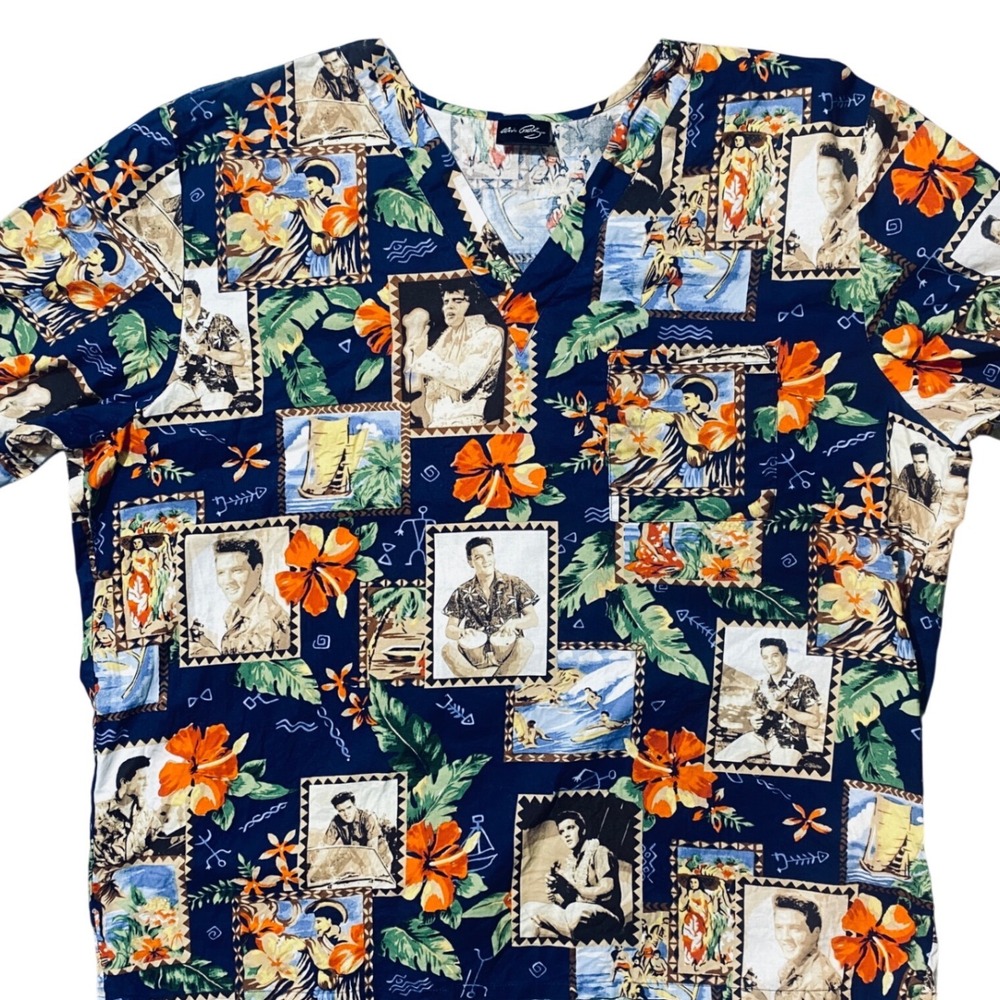 Elvis Presley Scrub Top Navy Blue Tropical Floral V-Neck Short Sleeve XL